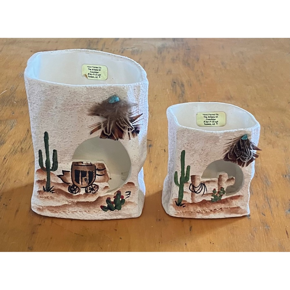Klay-N-Kraft Ceramic Candle Holders Cream Southwestern Hand Painted